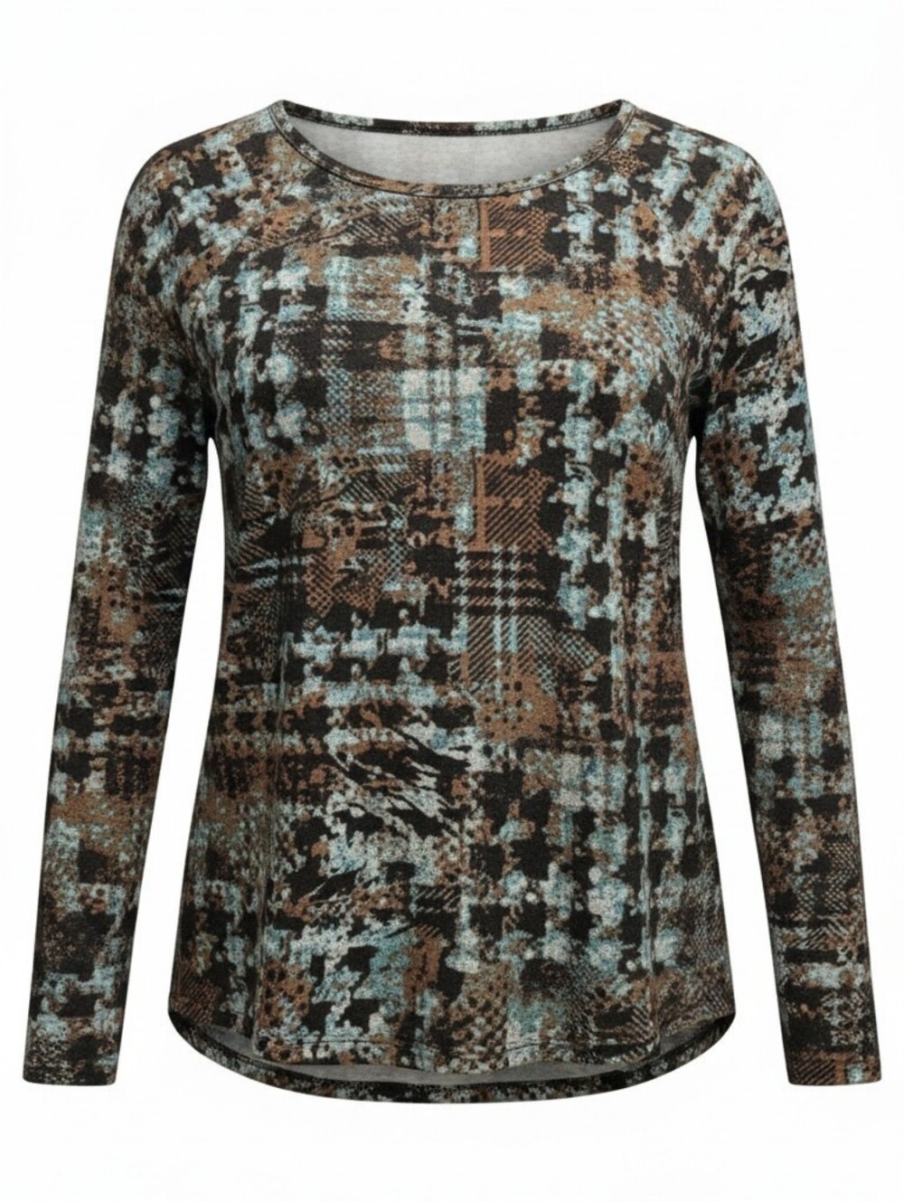 Kim Rogers Women's Long Sleeve Top Size L Abstract Brown Blue Black Stretch